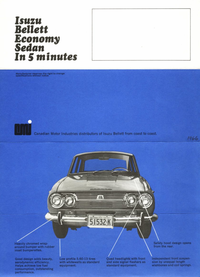 1966 Isuzu Bellett brochure - Canadian - single sheet, 2-panels - panel 01.jpg