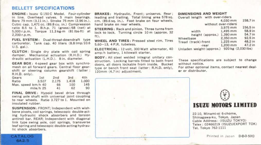 1967 Isuzu Bellett sedan brochure - English language - single sheet, 6-panels - panel 06.jpg