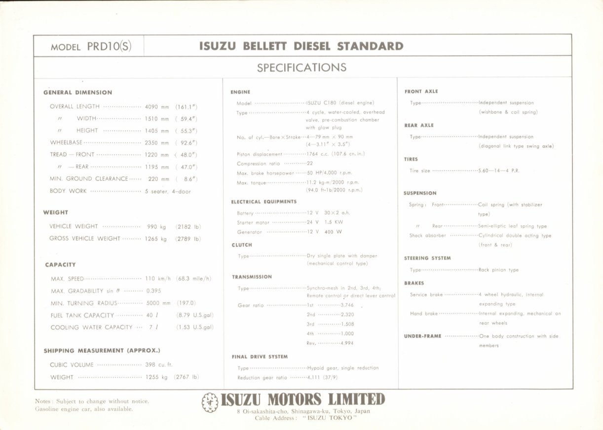 1964 Isuzu Bellett Diesel brochure - English language - single sheet, double-sided - 02.jpg