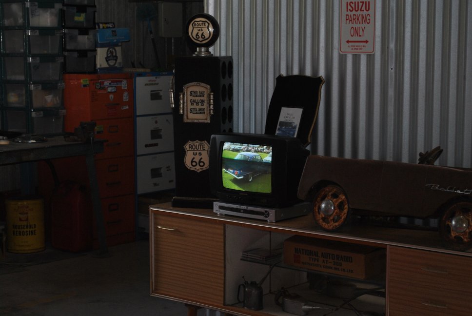 20 October - 36 - Bemboka - Gary Smith's shed - TV showing Bay to Birdwood with Bruno's GT on screen.JPG