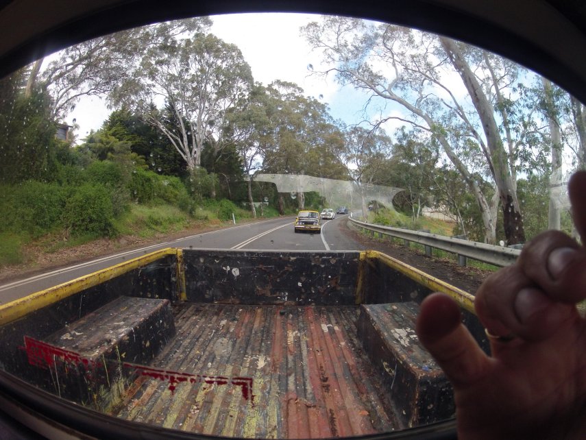 099 - back roads - Greg's GT, Gav's sedan, Bruno's GT and tub of Dave's Wasp.JPG