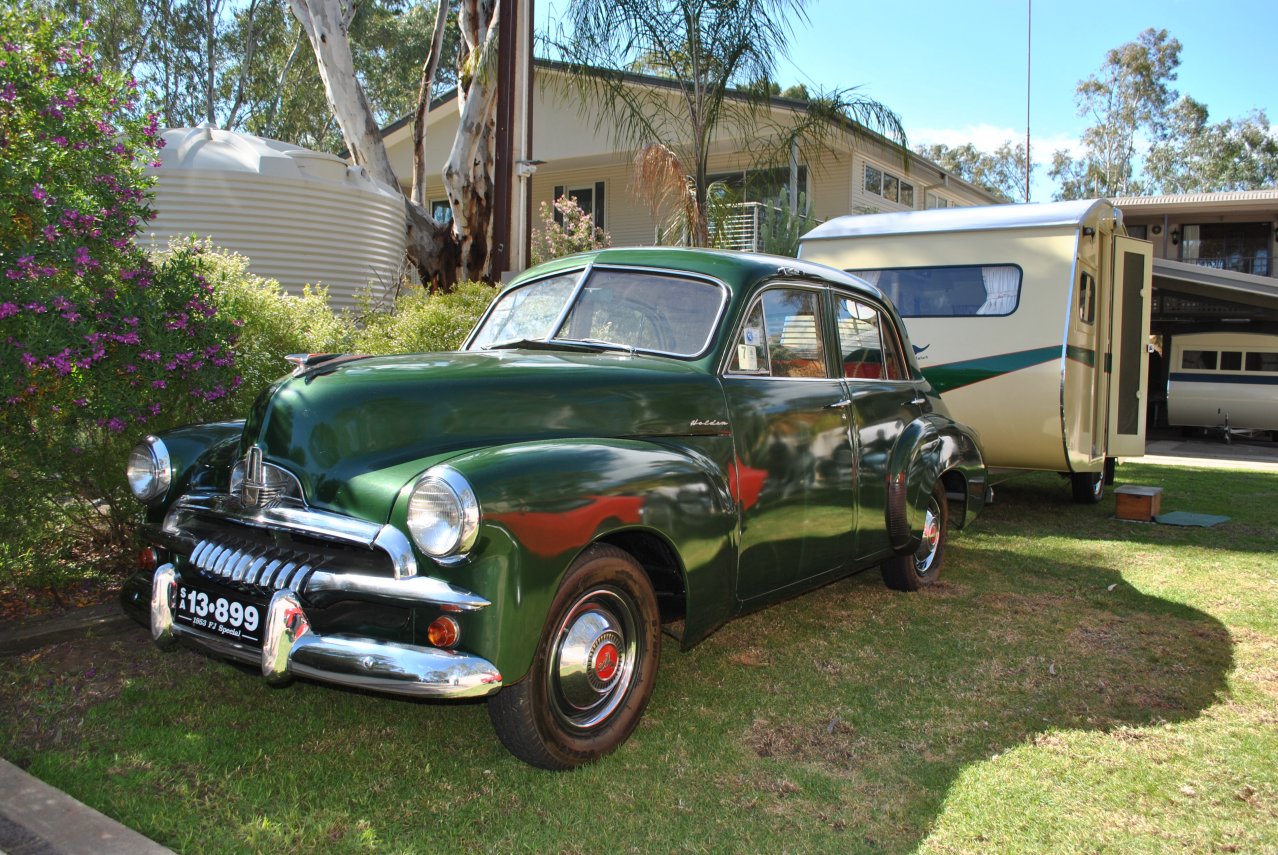 Holden FJ sedan - with Wayfarer caravan - 01.JPG