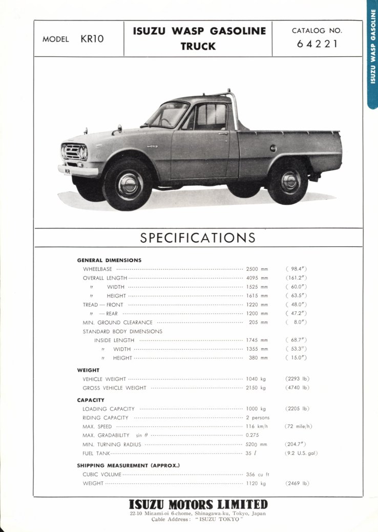 1965 Isuzu Wasp KR10 utility specification sheet - English language - single sheet - 01.jpg