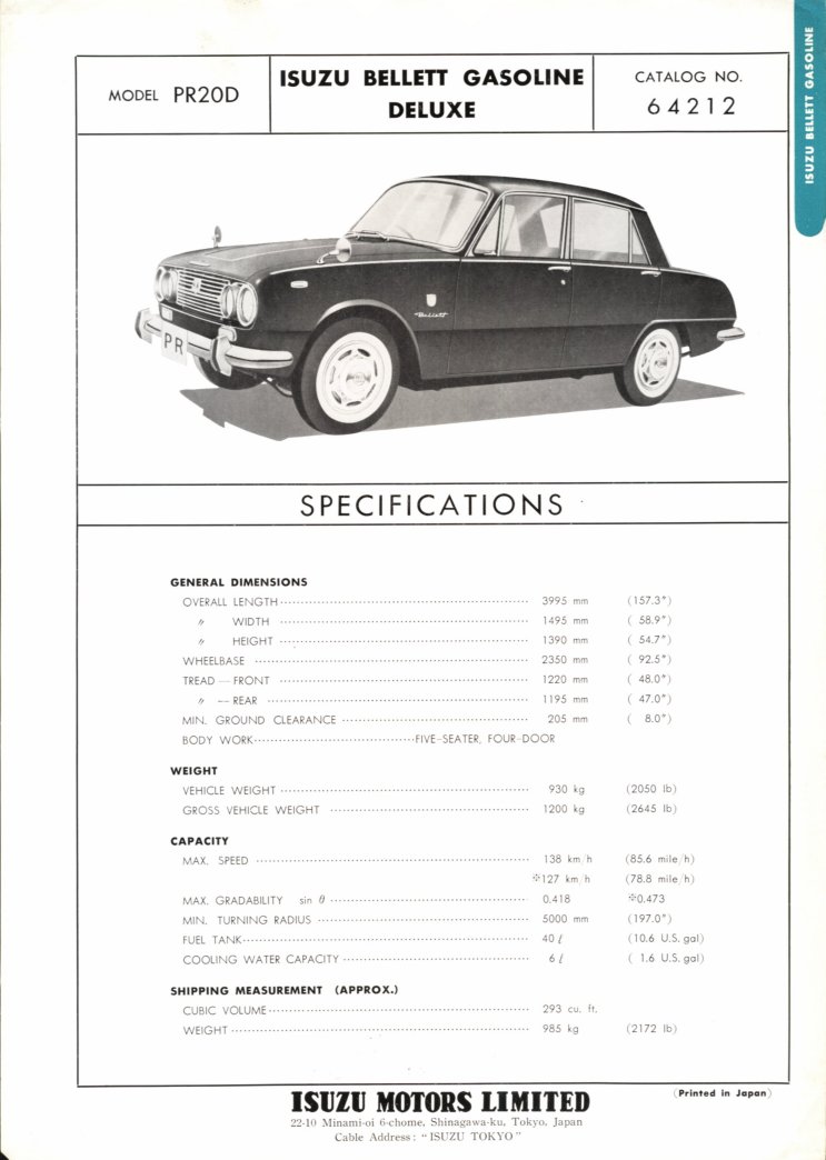 1964 Isuzu Bellett 1500 specification sheet - English language - single sheet, 2-sided - 01.jpg